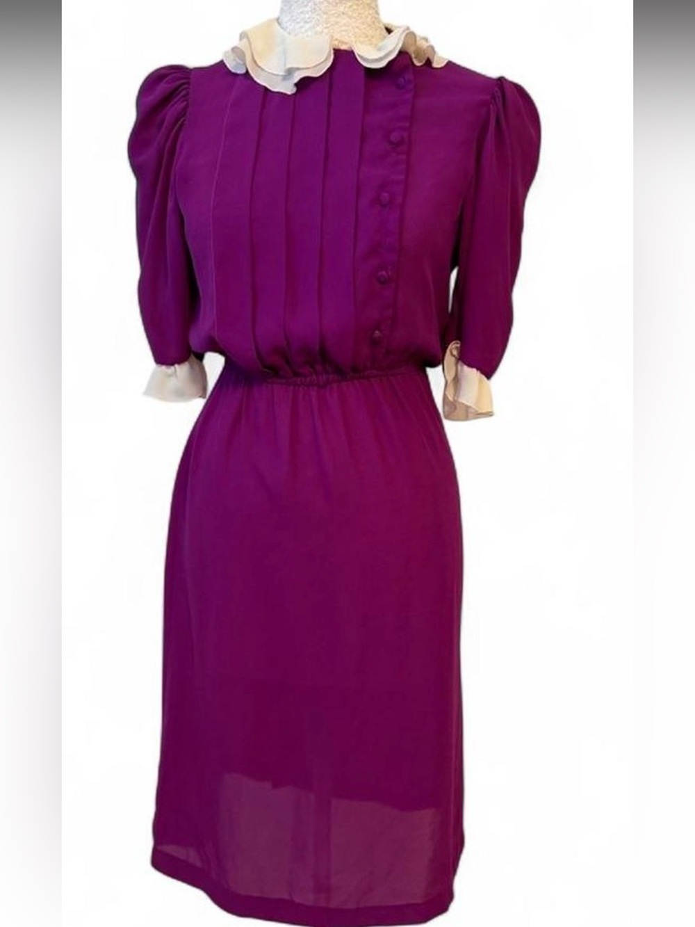 Vintage 80s Elegant Purple Puff-Sleeve Midi Dress w/ Contrast Ruffle Collar XS